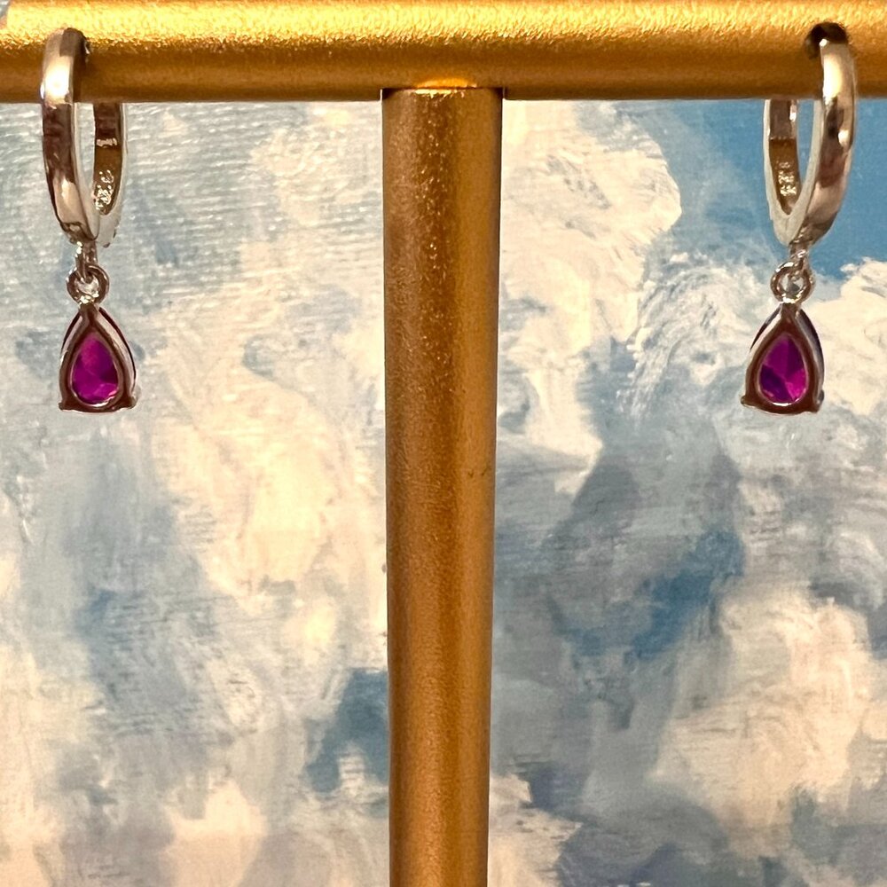 Lab Ruby Drop, Sterling Silver and CZ Huggie Hoops - stamped .925 - Picture 4 of 8